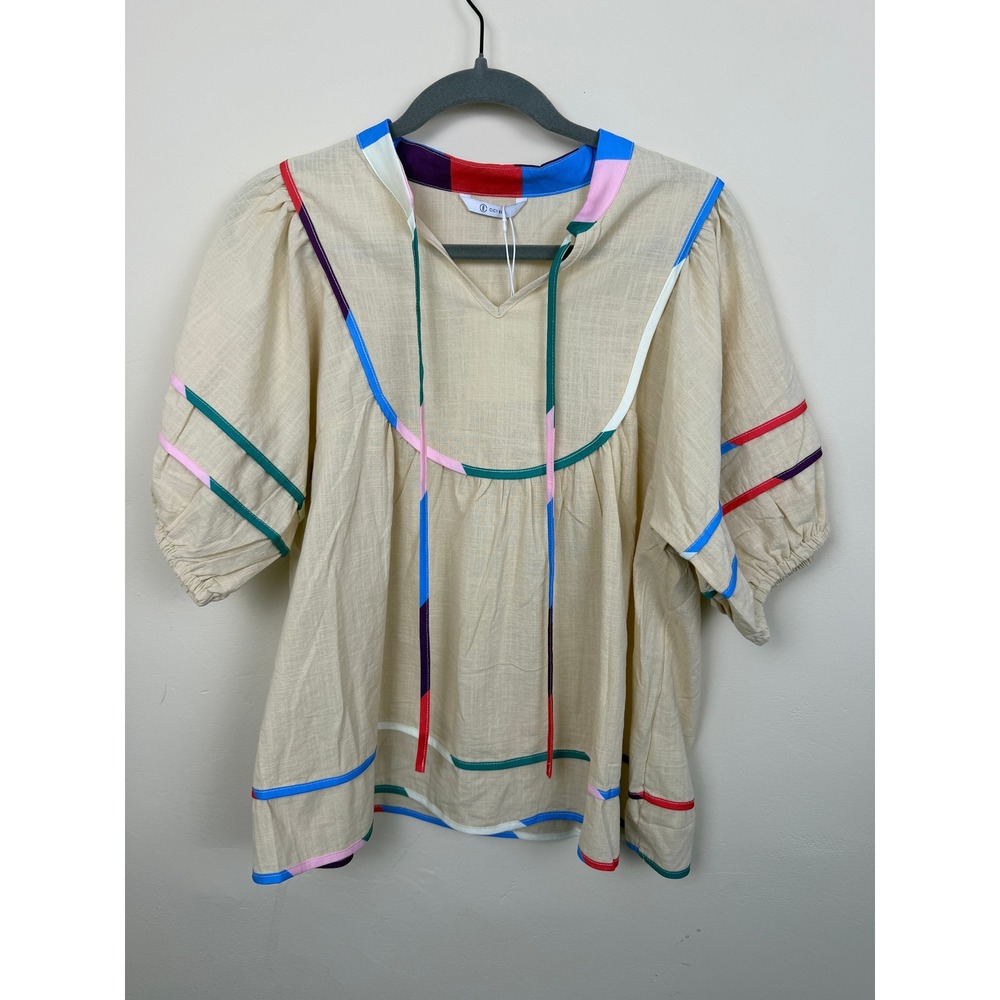 NWT Blouse Women's L Beige Multicolor Trim Cotton Babydoll Peasant Boho